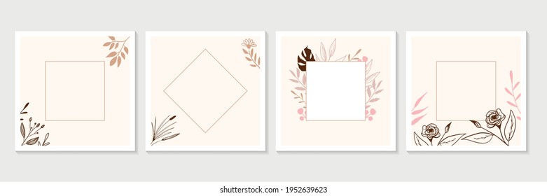 Modern abstract floral backgrounds set with botanical leaves and abstract geometric shapes. Botanical wall art vector set. Vector art design for print, cover, wedding, wallpaper. Vector illustration 