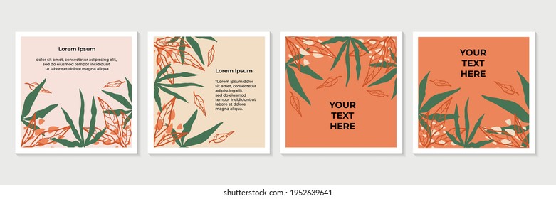 Modern abstract floral backgrounds set with botanical leaves and abstract geometric shapes. Botanical wall art vector set. Vector art design for print, cover, wedding, wallpaper. Vector illustration 