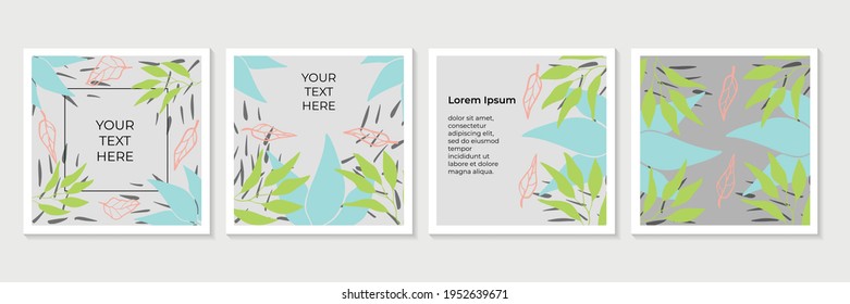 Modern abstract floral backgrounds set with botanical leaves and abstract geometric shapes. Botanical wall art vector set. Vector art design for print, cover, wedding, wallpaper. Vector illustration 