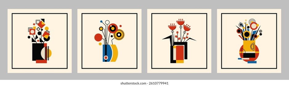 Modern abstract floral illustrations with abstract flowers in a vase in Retro aesthetics style, ideal for wall art, posters, prints, home decor, fashion print. Minimalist Floral Art Prints set.Vector