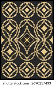 Design de padrão floral abstrato moderno com repetição geométrica, pétalas elegantes douradas, inspiração de azulejos vintage, arte vetorial sem costura de luxo, ideal para moda, têxteis, convites, papéis de parede, 