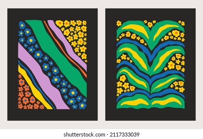 Modern abstract floral prints with bright colorful flowers on a black background. Naive art decor. Vertical hand drawn vector illustration
