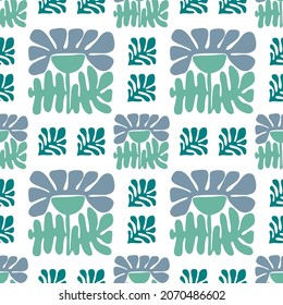 Modern abstract floral seamless pattern. Turquoise and blue matisse inspired art vector illustration.