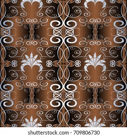 Modern abstract floral seamless pattern. Vintage wallpaper. Striped brown black background with hand drawn line art paisley flowers, leaves and silver flourish ornaments. Vector luxury texture.