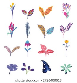 Modern abstract floral set. Vector stylized blue and purple leaves and branches for artistic botanical pattern decoration