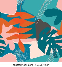 Modern abstract floral surface design with natural and geometric elements. Emotional and simple decorative  contemporary style seamless illustration in vector.