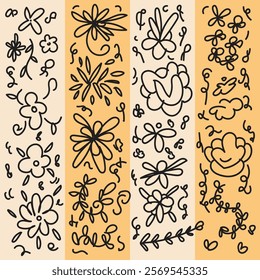 Modern abstract floral vector compositions. Collage contemporary bouquets. Hand drawn cartoon style flowers. Minimalism