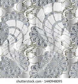 Modern abstract floral vector seamless pattern. Ornamental vector silver background. Repeat decorative light white backdrop. Vintage flowers, leaves, geometric shapes, lines. Luxury ornate design