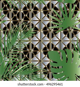 Modern abstract  floral vector seamless pattern background wallpaper illustration with  geometric black and white  shapes, squares, triangles and green branches of palm.