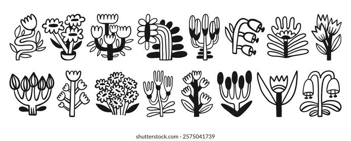 Modern abstract flower collection with hand-drawn floral elements. Trendy blossom botanical vector set for decor, easter, sticker, clipart, print