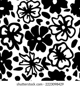 Modern abstract flower seamless pattern. Hand drawn vector botanical background. Brush black leaves and flowers. Black ink illustration with floral motif.
