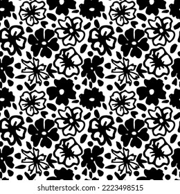 Modern abstract flower seamless pattern. Hand drawn vector botanical background. Brush black leaves and flowers. Black ink illustration with floral motif.