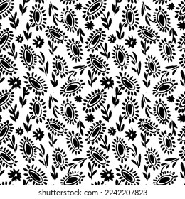 Modern abstract flower seamless pattern. Hand drawn vector botanical background. Brush black leaves and flowers. Black ink illustration with floral motif.