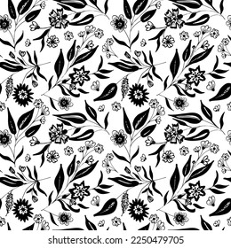 Moderne abstrakte Blumen nahtloses Muster. handgezeichnet, Vektorhintergrund. Schwarze Blätter und Blumen. Schwarze Farbgrafik mit Blumenmotiv.