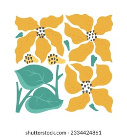 Modern abstract flowers field. Vector minimalist sunflowers retro 70 style, vintage botanical poster.