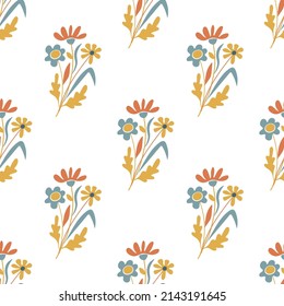 Modern abstract flowers seamless pattern. Blue, yellow and terracotta boho floral vector illustration.
