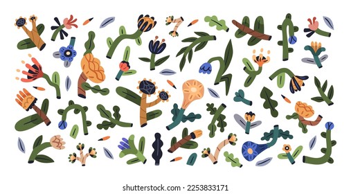 Modern abstract flowers set. Creative floral elements bundle. Whimsical shaped plants, leaf, blooms in naive primitive style. Stylized botanical flat vector illustrations isolated on white background