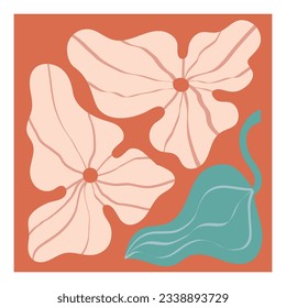 Modern abstract flowers wall art, poster, card. Boho style hibiscus, leaf template, background.