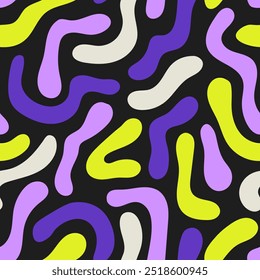 Modern Abstract Flowing Seamless Pattern with Neon Squiggles. Trendy vibrant party background with wavy shapes. Acid Y2k Aesthetic. Celebration decoration ornament. Repeat vector illustration.