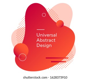 Modern abstract flowy forms. Universal dynamical figures, soft curves. Gradient red and orange background, white text with dots. Layout for poster, banner or slides. Vector illustration.