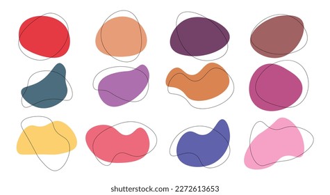Modern abstract fluid geomatric shapes set trendy colors, blob elements with curvy line, Simple irregular dynamic forms, smooth drops, Flat vector illustrations isolated on white background