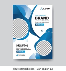 Modern abstract flyer template with flowing blue shapes and placeholders for images, ideal for business and corporate information.