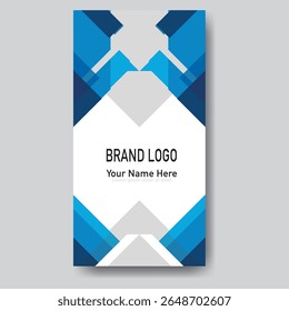 Modern abstract flyer template with sharp blue and gray geometric shapes on white, for brand logos and names.