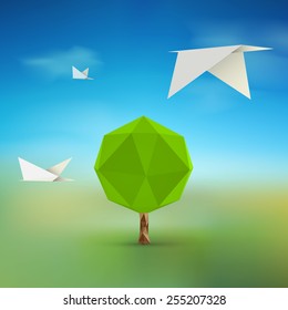 Modern abstract flying origami birds with 3d origami tree and beautiful landscape background Eps 10 stock vector illustration 