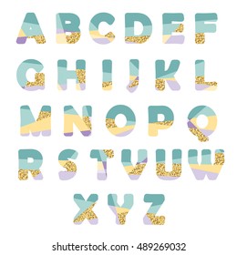 Modern abstract font with glitter. Bright ABC letters can be used for sale, party, shop, present, header, brochure.