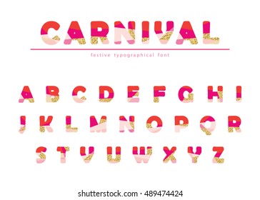 Modern abstract font with glitter. Bright ABC letters can be used for sale, party, shop, present, header, brochure. Creative alphabet isolated on white.