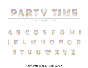 Modern abstract font with glitter. Bright ABC letters can be used for sale, party, shop, present, header, brochure. Creative alphabet isolated on white.