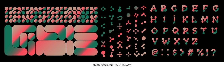 Fuente moderna y abstracta con Formas geométricas redondeadas en Gradientes rosas y verdes sobre fondo negro. Conjunto de diseños de cuadrícula bento y tipografía digital. Gran colección de Elementos de Vector.
