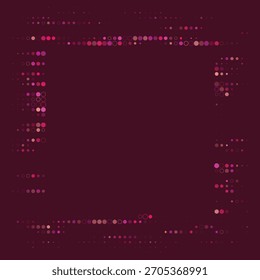 Modern abstract frame design with vibrant pink and purple halftone dots and circles on a deep maroon background