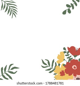 Modern abstract frame in green, red, terracotta, yellow. White background. Gentle square frame with the text place and hand drawn flowers and leaves. Perfect for greeting card, social media post.