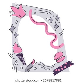 A modern abstract frame template for decorating posts, photos and albums in doodle style. Crown, curved lines, arrows, and various playful elements are perfect for dairy and scrapbook.