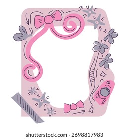 A modern abstract frame template for decorating posts, photos and albums in doodle style. Butterfly, curved lines, arrows, and various playful elements are perfect for dairy and scrapbook.