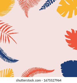 Modern abstract frame in yellow, red, pink, blue. Gentle pink background. Gentle frame with the text place and tropical leaves. Perfect for greeting card, poster, social media post, banner.