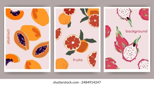 Modern Abstract fruit posters template set in Minimal style. Hand drawn papaya, grapefruit, dragon fruit design wall decor, print cover, template, banner,for wallpaper.Fruits abstract elements.Vector 