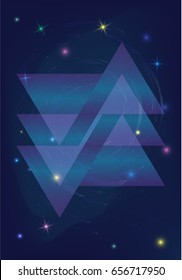 Modern abstract futuristic background, Sacred geometry polygon vector, shiny mystic galaxy with glowing stars in deep cosmic night space, new age background for t shirt, posters print with text space.