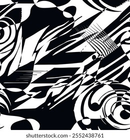 Padrão contínuo moderno abstrato futurista preto e branco com linhas dinâmicas, fluindo, redemoinhos, ondas, listras e formas geométricas. Fundo monocromático psicodélico moderno. Ornamentos desenhados à mão.