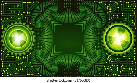 Modern abstract futuristic technological background of green and yellow shades with metallic frame