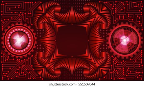 Modern abstract futuristic technological background of red shades with metallic frame