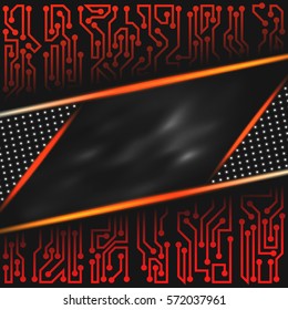 Modern abstract futuristic technological background of red, orange, black, gray, and white shades with with circuit board elements