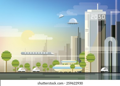 modern abstract futuristic urban cityscape in trendy flat design style 