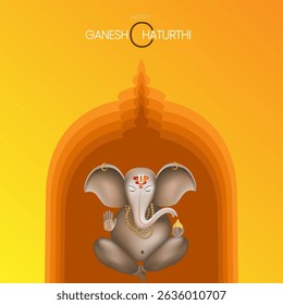 Modern abstract Ganesh Chaturthi background with temple arch design and Ganesha silhouette on yellow orange gradient  ideal for greeting cards social media and flyers