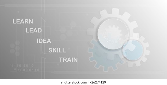 Modern abstract gear wheel background with white text in grey tone. Illustration of Hi-tech, digital, factory, business and engineering.