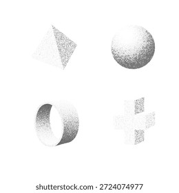 Formas 3D geométricas abstractas modernas con textura de ruido granulado y sombreado semitono suave. Formas geométricas mínimas del estilo retro en el fondo blanco
