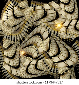 Modern abstract geometric 3d vector seamless pattern. Trendy ornamental geometry shiny background. Glowing geometrical shapes, dots, half tone, radial, spiral, fractal, lines, stripes. Luxury design
