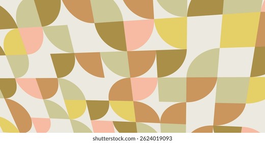 Modern abstract geometric angled pattern composed of semi-circles, squares, and quarter-circles in earthy tones. The design has a soft mid-century modern aesthetic suitable for backgrounds.