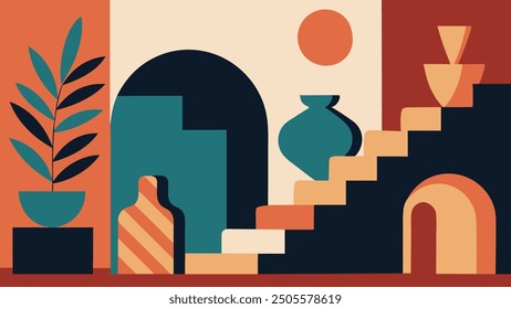 Modern Abstract Geometric Art with Plants and Pottery Illustration. Minimalist Geometric Art with Teal, Orange, and Beige Accents.